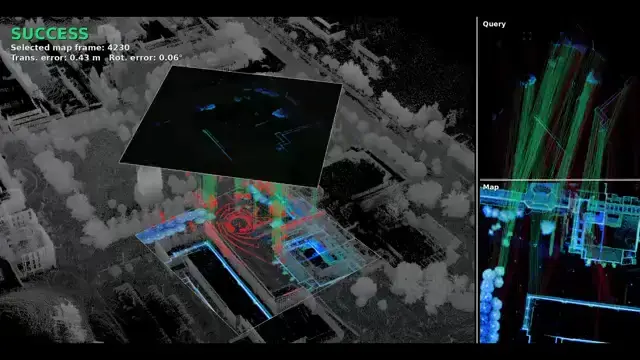 LiDAR global localization demonstration on a dense 3D map.