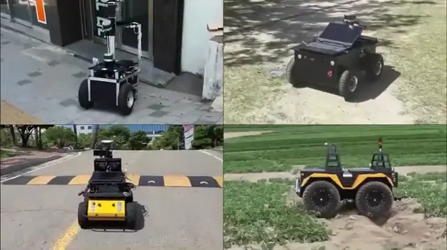 Four wheeled robots navigating paved paths, grass, and uneven terrain.